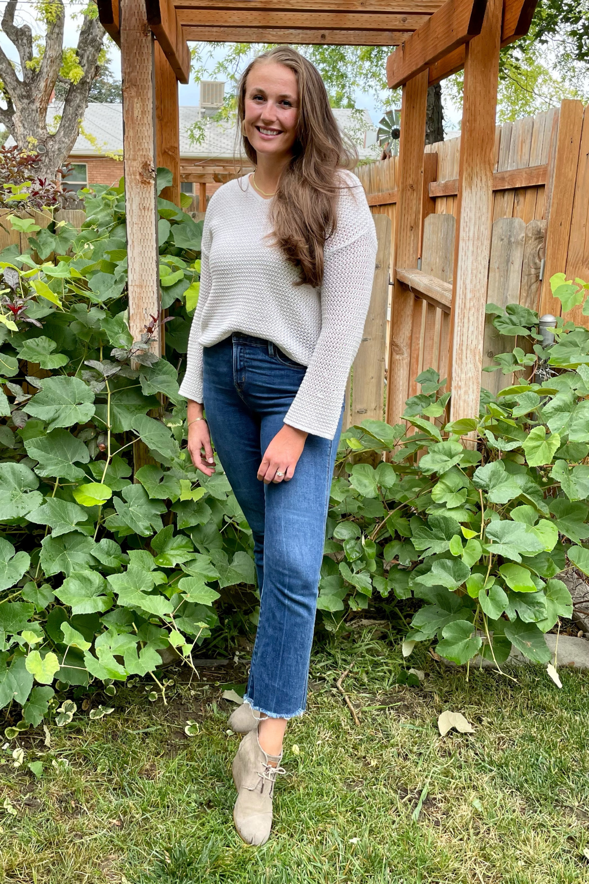 Light Grey Knit Sweater with Distressed Straight-Leg Jeans — Tall Women Outfits 2027