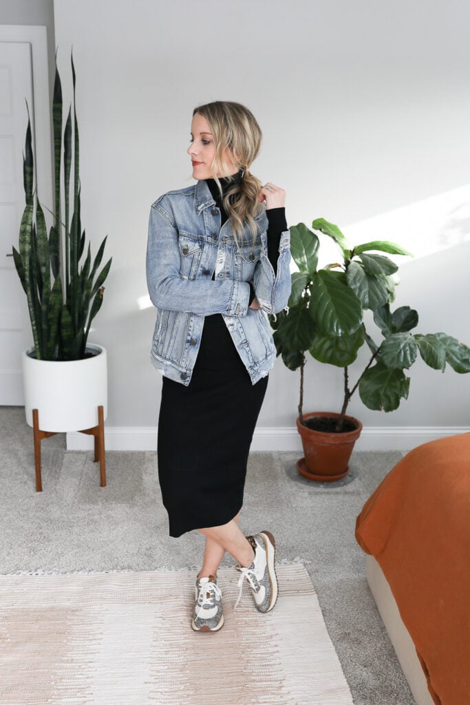 Denim Jacket and Turtleneck Under Sweater Dress Denim Jacket and Turtleneck Under Sweater Dress — Sweater Dress Outfits 2027