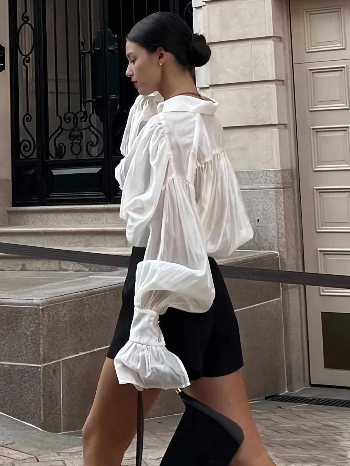 White Sheer Organza Puff Sleeve Blouse with Black Shorts White Sheer Organza Puff Sleeve Blouse with Black Shorts — Puff Sleeve Blouse Outfits 2027