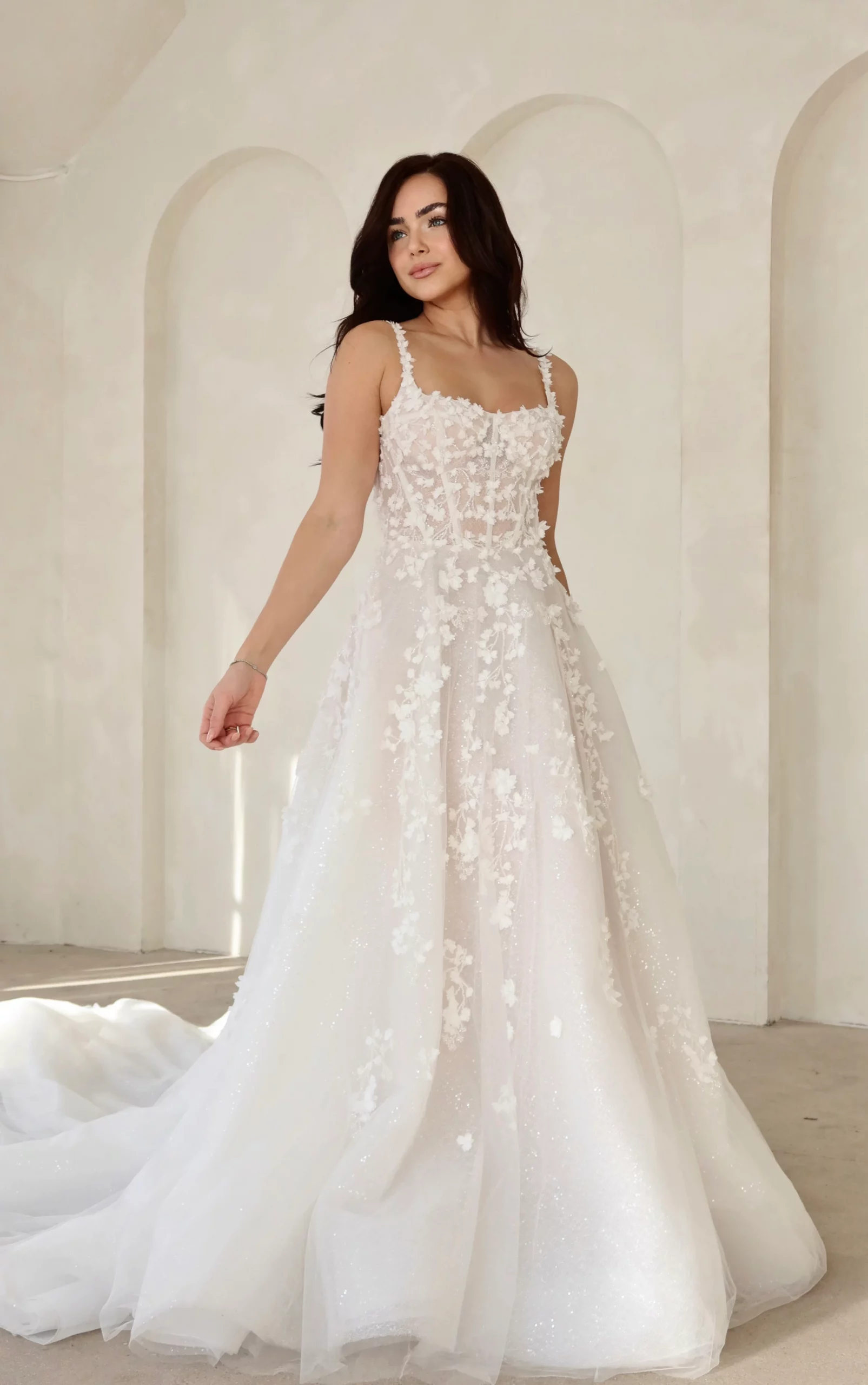 Silver Strappy Heels White Tulle Wedding Dress with 3D Floral Corset Bodice and Full Skirt — 3D Floral Outfits 2027