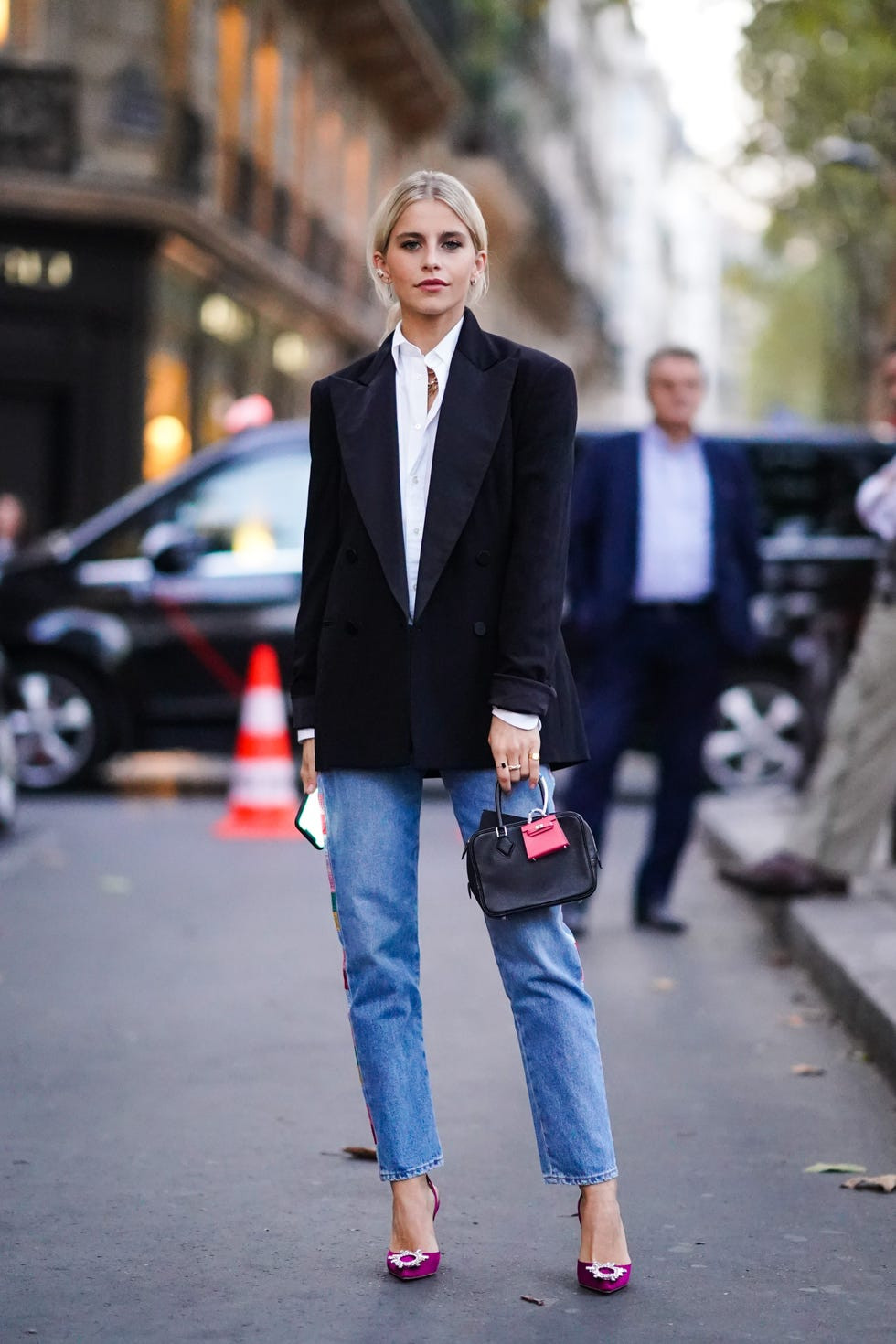 Black Double-Breasted Blazer with White Blouse and Pink Heels Black Double-Breasted Blazer with White Blouse and Pink Heels — Blouse Outfits 2027 with Blazer