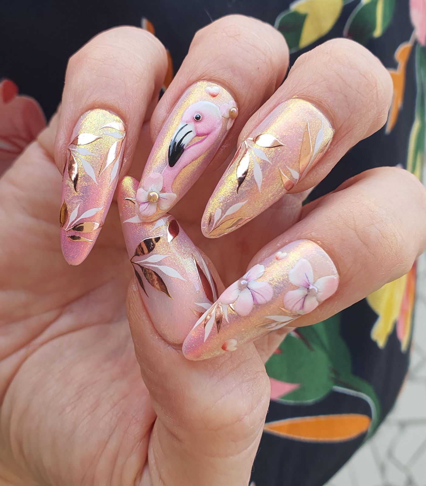 Shimmer Glossy 3D Elements 3D Floral Flamingo Stiletto Nails Shimmer Glossy 3D Elements 3D Floral Flamingo Stiletto Nails — Miami Nails 2027