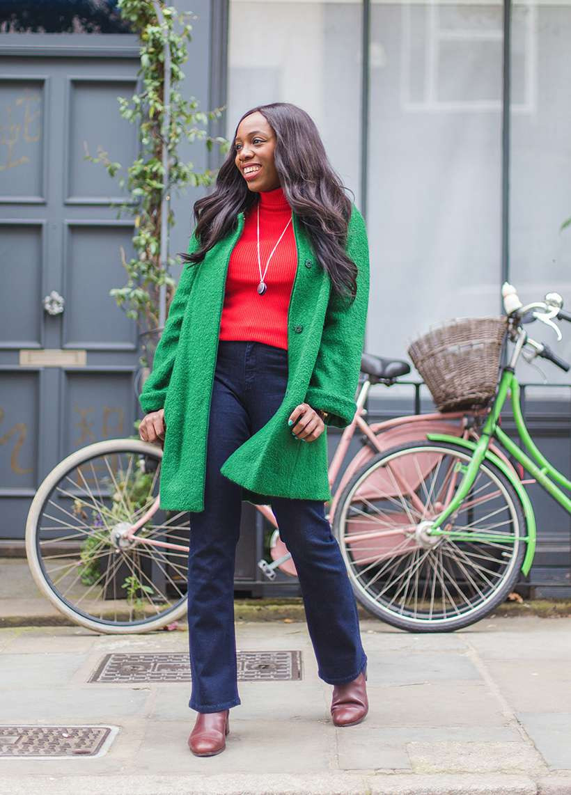Dark Wash Bootcut Jeans with a Vibrant Green Coat — Work Bootcut Jeans Outfits 2027