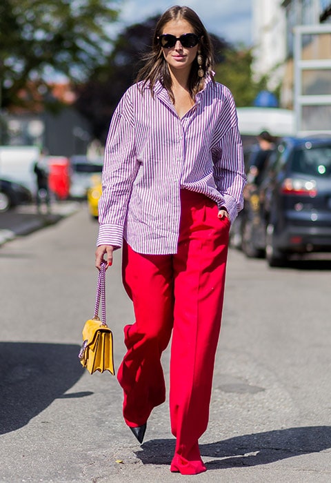 Bold Stripes with Red Wide-Leg Trousers — Oversized Shirt Outfits 2027