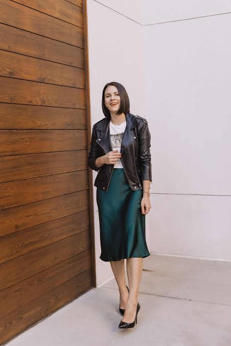 Sleek Green Satin Midi Skirt with Moto Jacket — Midi Skirts 2027