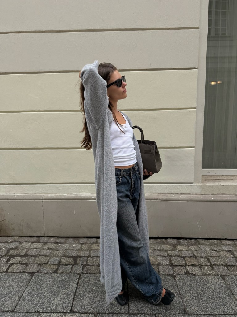 Ultra-Longline Grey Cardigan Over White Tank and Jeans Ultra-Longline Grey Cardigan Over White Tank and Jeans — Fall Cardigan Outfits 2026