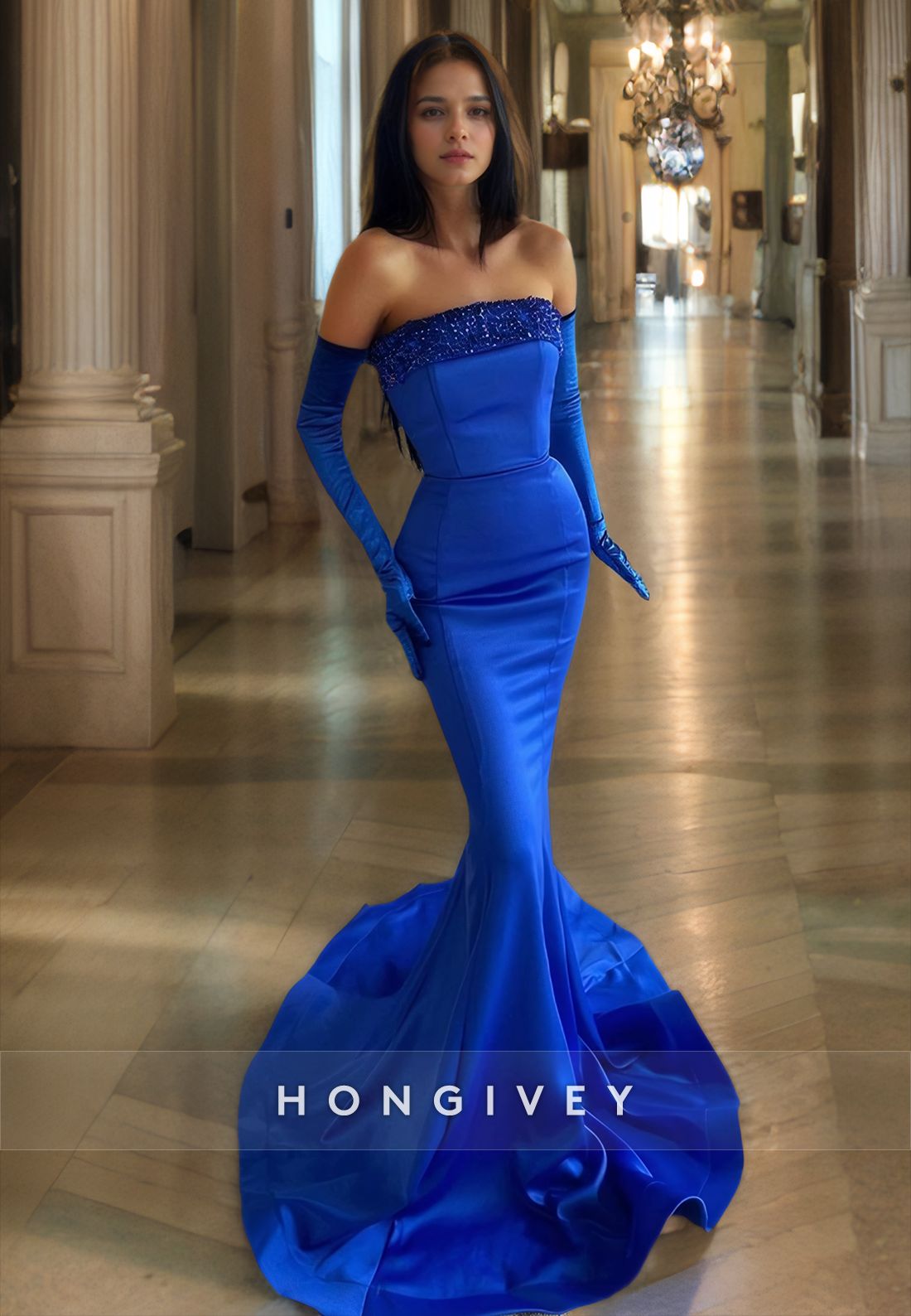 Royal Blue Satin Mermaid Dress with Beaded Bodice and Opera Gloves Royal Blue Satin Mermaid Dress with Beaded Bodice and Opera Gloves — Prom Dress 2027 with Gloves