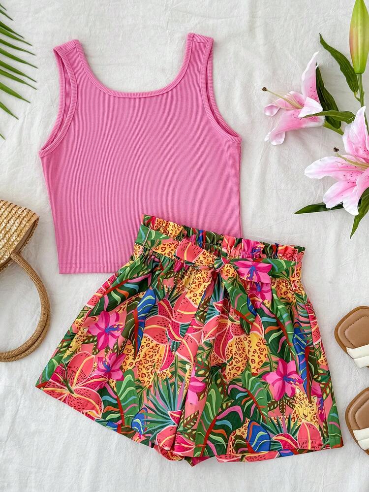 Tropical Floral Shorts with Pink Tank Top Tropical Floral Shorts with Pink Tank Top — Cute Outfits 2027 for Tweens
