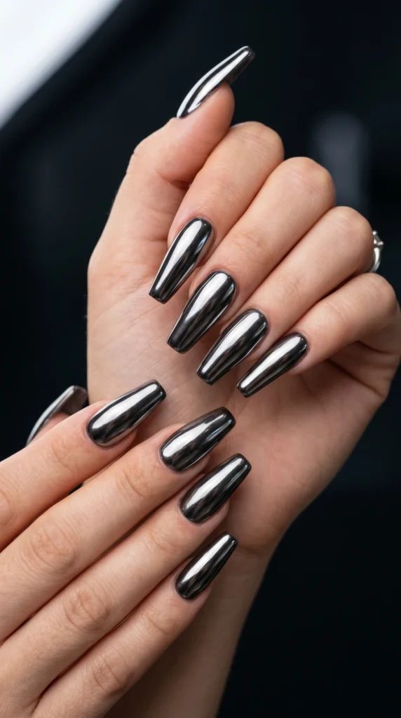High-Shine Black Chrome Coffin Nails High-Shine Black Chrome Coffin Nails — Dark Chrome Nails 2027