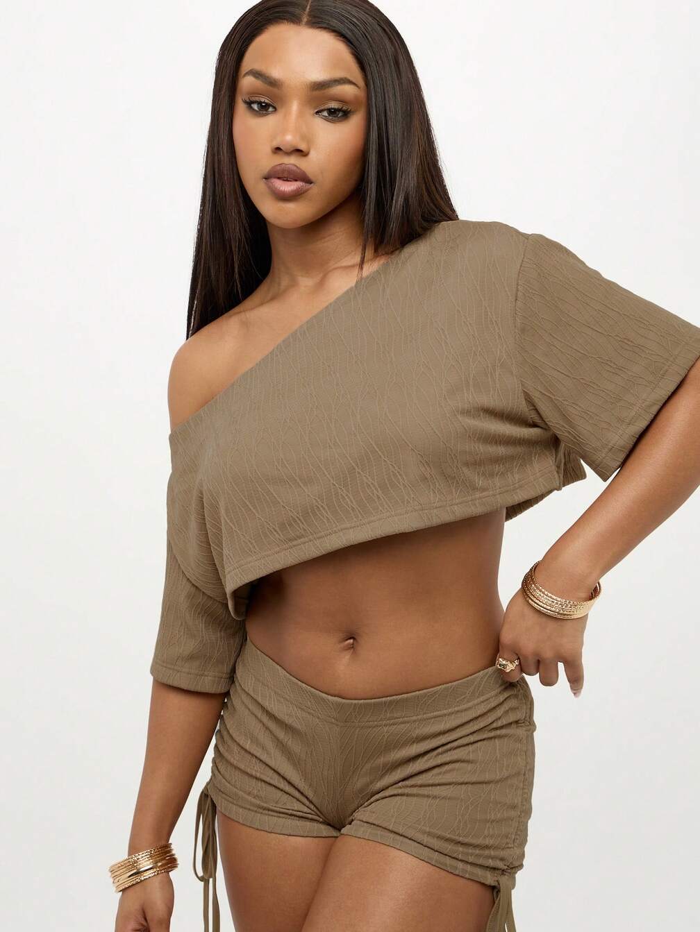 Olive Green Off-the-Shoulder Crop Top with Ruched Shorts Olive Green Off-the-Shoulder Crop Top with Ruched Shorts — Summer Crop Top Outfits 2027