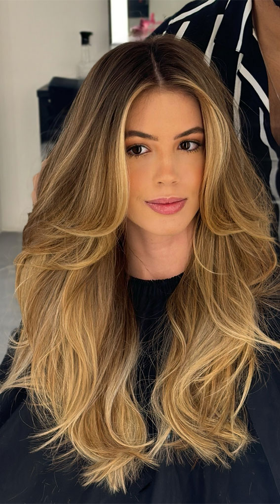 Front View Mid-Back Dark Brown Warm Balayage Front View Mid-Back Dark Brown Warm Balayage — Blonde Balayage 2027