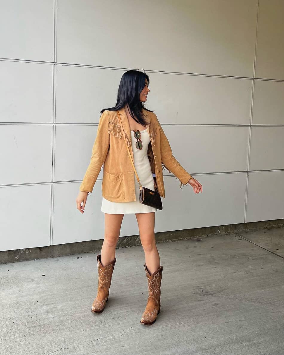 Fringe Suede Jacket Over a White Mini Dress Fringe Suede Jacket Over a White Mini Dress — Nashville Outfits 2027