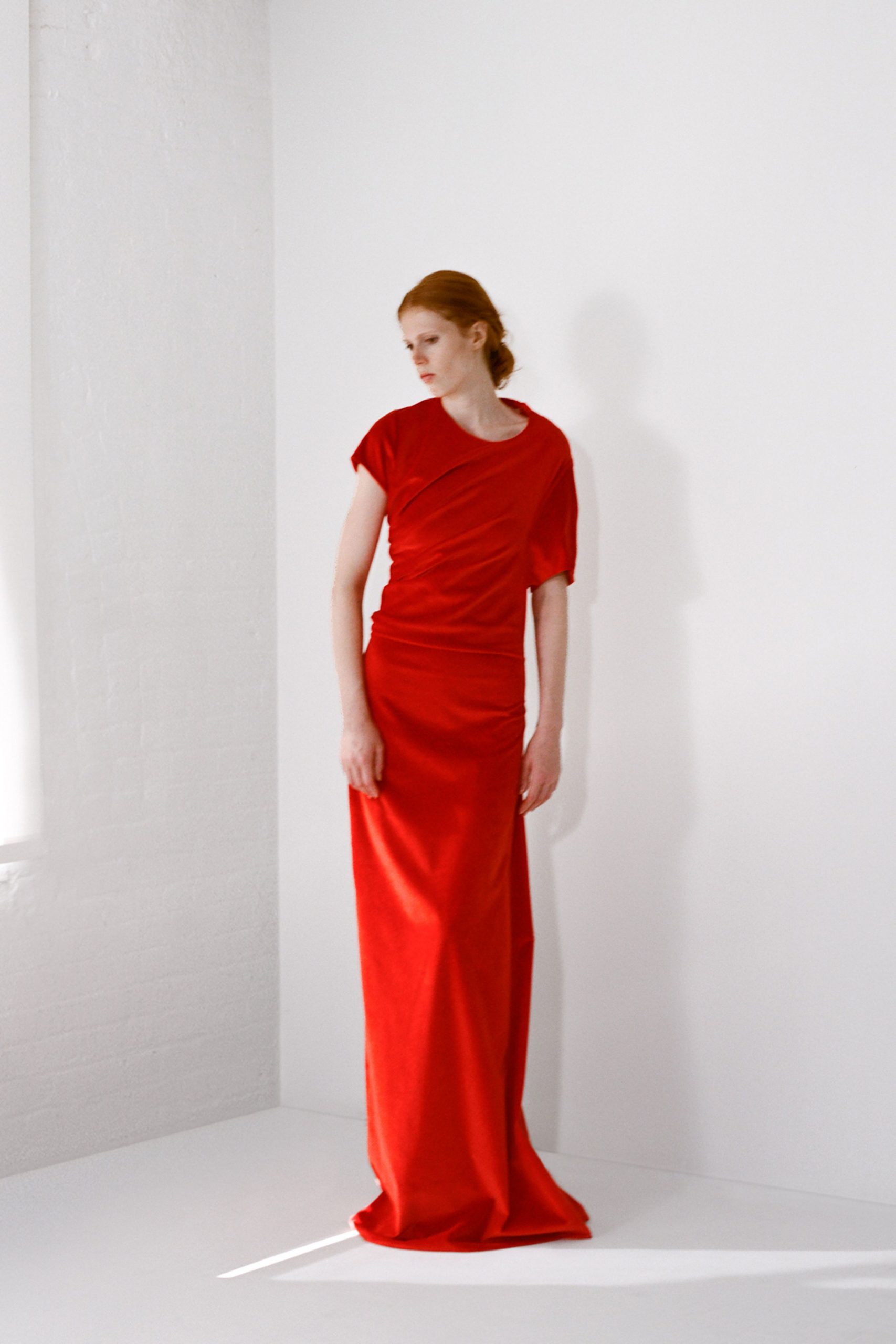 Vibrant Red Velvet Dress with Draped Neckline Vibrant Red Velvet Dress with Draped Neckline — Satin Dress Outfits 2027