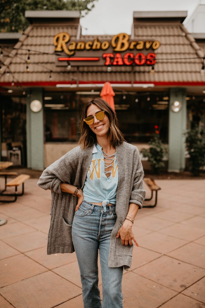 Cozy Comfort: Oversized Cardigan Over Lace-Up Tee — College Game Day Outfits 2026