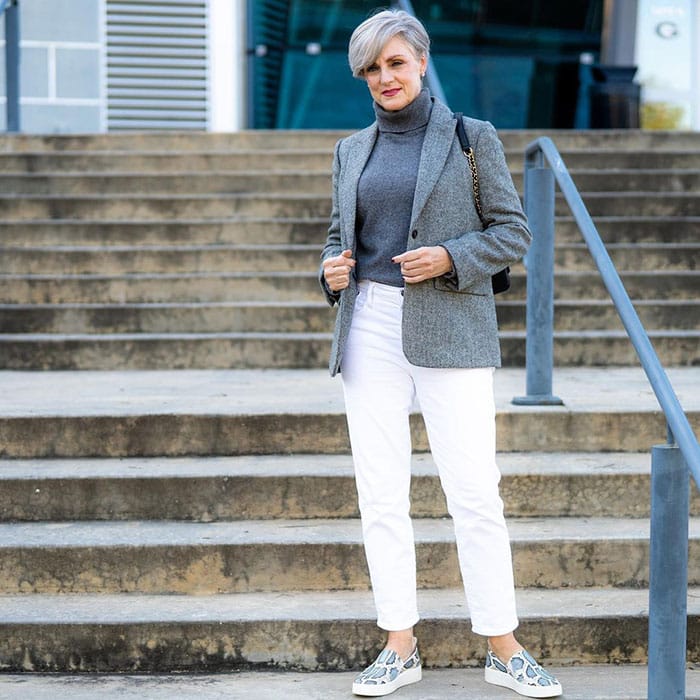 Textured Grey Blazer with Snake-Print Sneakers and Jeans Textured Grey Blazer with Snake-Print Sneakers and Jeans — Winter Grey Outfits 2027
