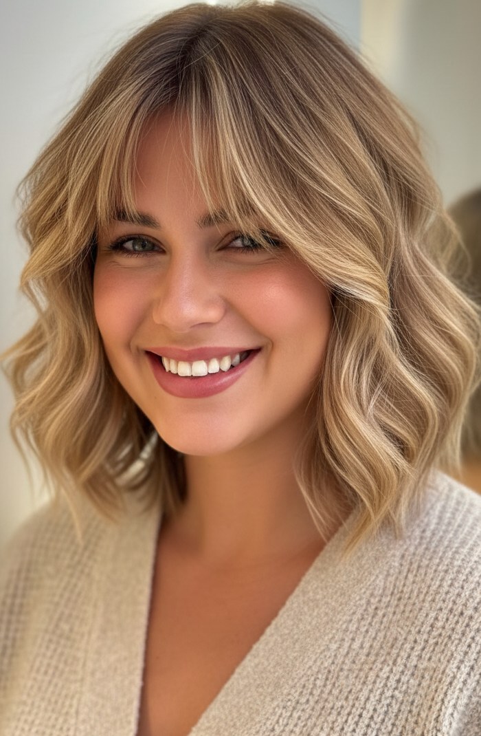 Collarbone Lob With Fringe And Honey Blonde Balayage — Balayage on Wavy Hair 2027