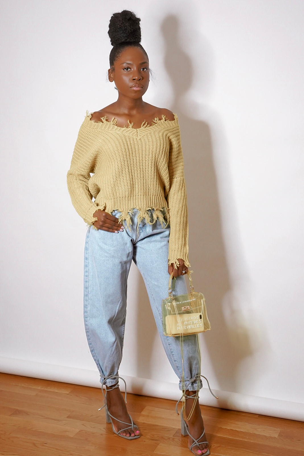 Baggy Jeans and Knit Sweater with Grey Strappy Lace-Up Heels — Strappy Heels Outfits 2027