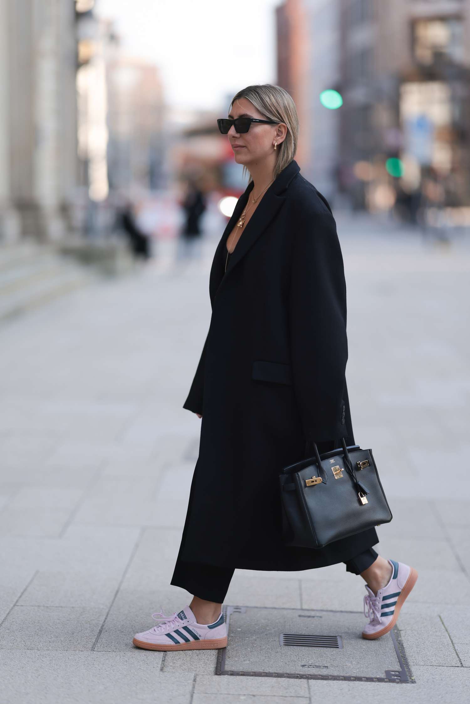 Oversized Black Coat and Relaxed Pants with Pink & Blue Adidas Samba Oversized Black Coat and Relaxed Pants with Pink & Blue Adidas Samba — Adidas Samba Spring Outfits 2027