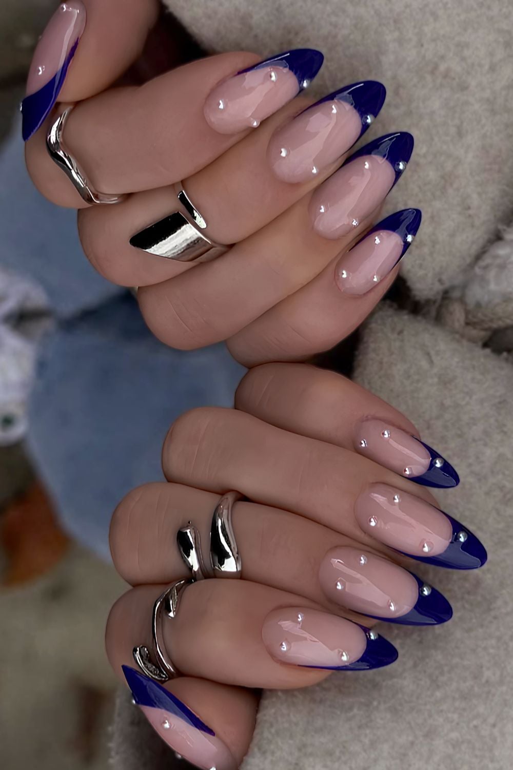 Sheer Pink Blue French Tips with Pearls Sheer Pink Blue French Tips with Pearls — Blue Christmas Nails 2026