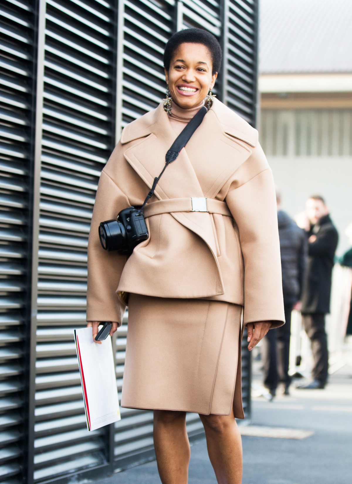 Belted Beige Coat Over a Nude Turtleneck and Pencil Skirt Belted Beige Coat Over a Nude Turtleneck and Pencil Skirt — Winter Office Outfits 2027