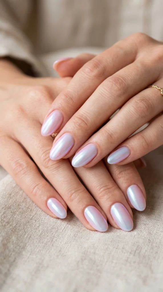 Milky Pink Blue Pearlescent Chrome Ovals — Pastel Oval Nails 2027