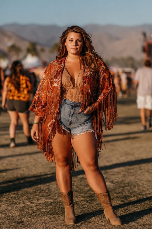 Fringed Kimono Over Lace Bodysuit and Denim Fringed Kimono Over Lace Bodysuit and Denim — Coachella Outfits 2027