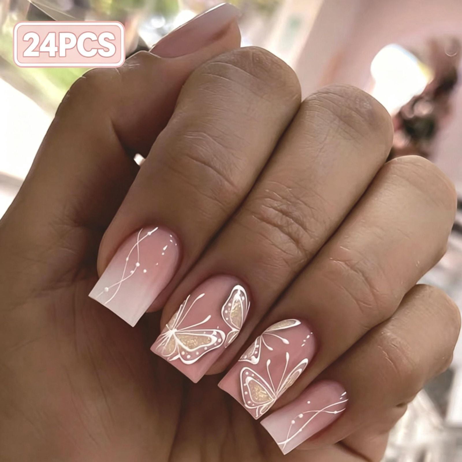 Medium Square Nude Pink to White Gradient with Butterflies Medium Square Nude Pink to White Gradient with Butterflies — Wedding Square Nails 2027