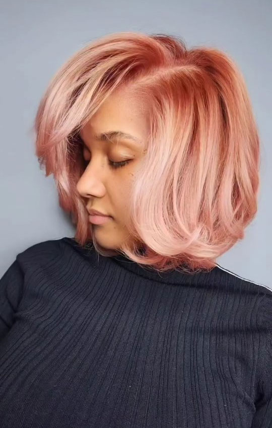Pink Bob With Side-Swept Bangs — The Styling Is A Smooth Blowout Pink Bob With Side-Swept Bangs — The Styling Is A Smooth Blowout — Pink Bob 2027