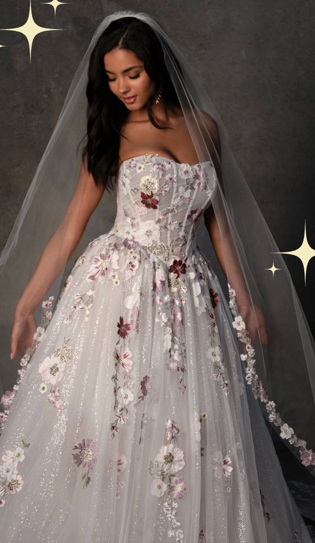 Ivory Strapless Ballgown with Glitter Tulle and Florals — Colored Wedding Dresses 2027