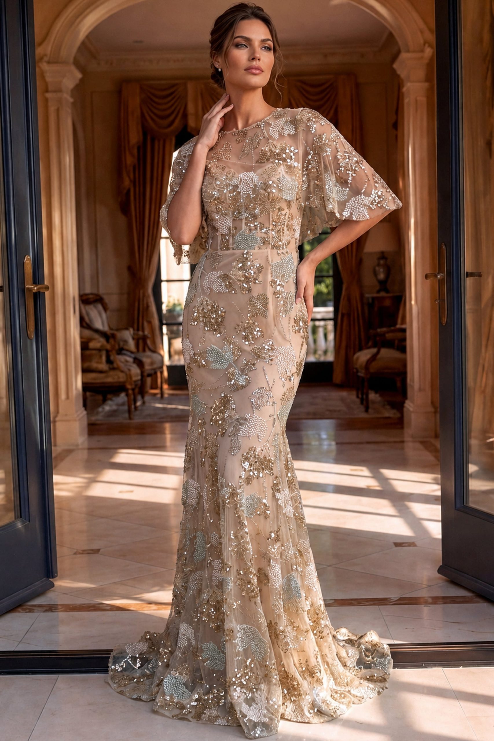 Champagne Sequin Mermaid Gown with Beaded Cape Sleeves Champagne Sequin Mermaid Gown with Beaded Cape Sleeves — Mermaid Dresses 2027