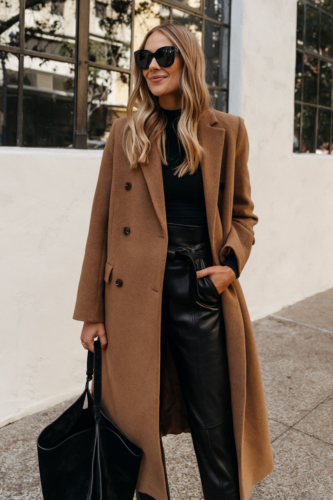 Camel Wool Coat with Leather Pants for Sophisticated Casual Camel Wool Coat with Leather Pants for Sophisticated Casual — Brown Coat Outfits 2027