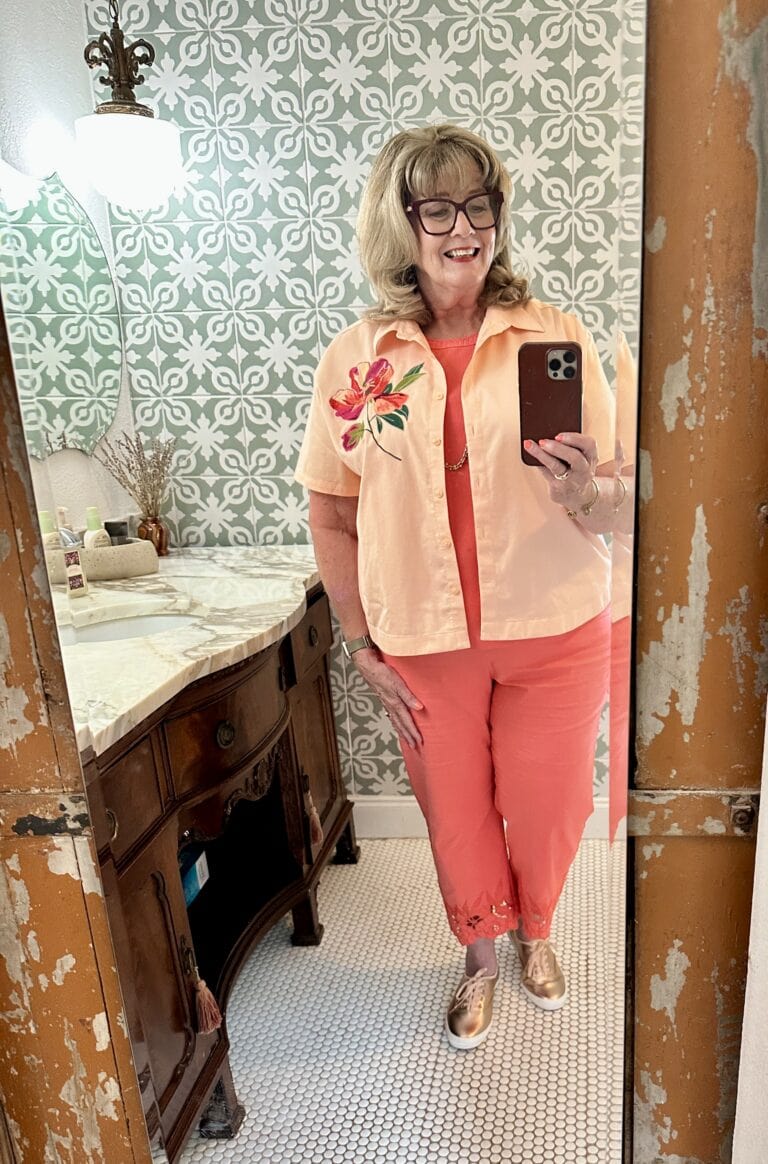 Peach Floral Shirt and Cropped Pants: Vibrant Casual Coordination — Outfits 2027 for Women Over 60