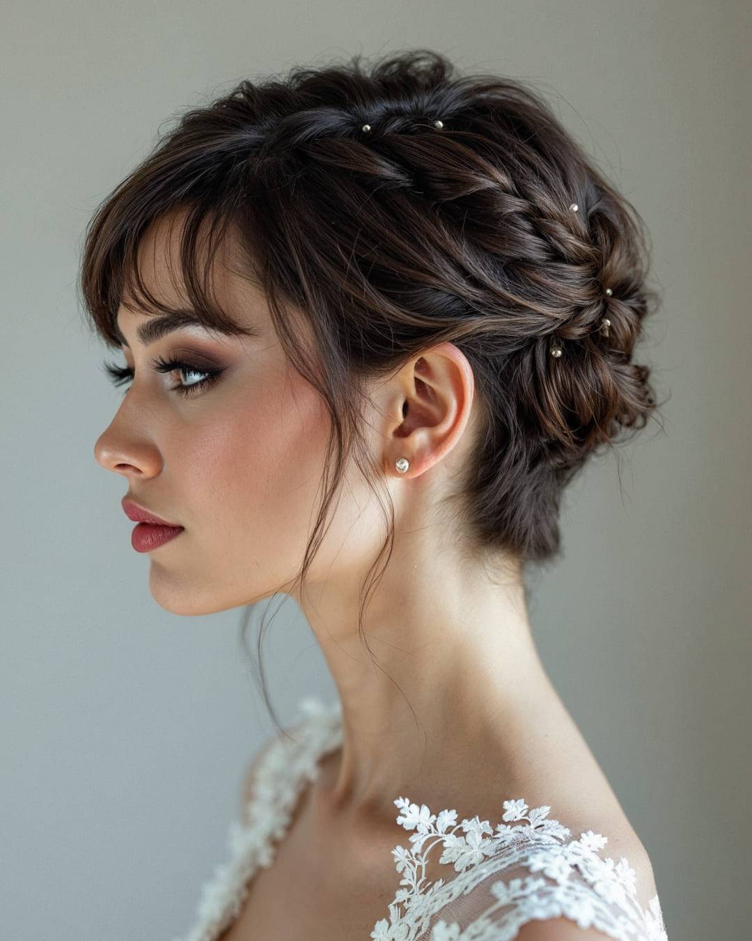 Dark Brown Braided Updo With Full Bangs — Beach Wedding Hair 2027