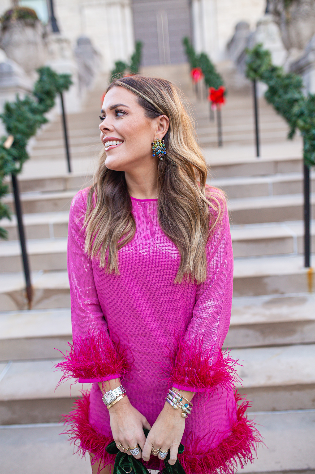 Hot Pink Sequin Mini Dress with Feather Trim for Festive Parties Hot Pink Sequin Mini Dress with Feather Trim for Festive Parties — Holiday Outfits 2026