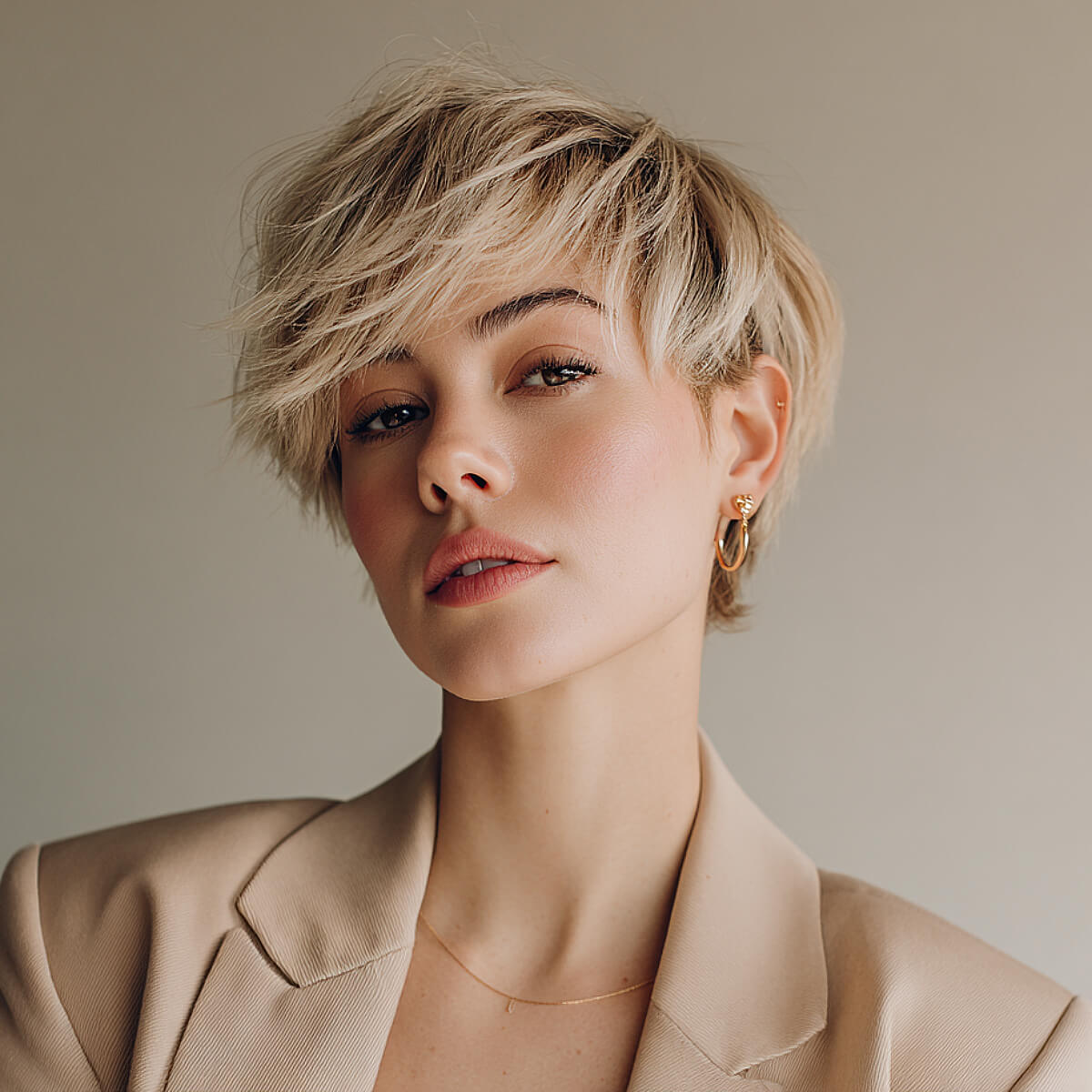 Ash Blonde Layered Pixie with Textured Bangs Ash Blonde Layered Pixie with Textured Bangs — Pixie 2027 with Bangs