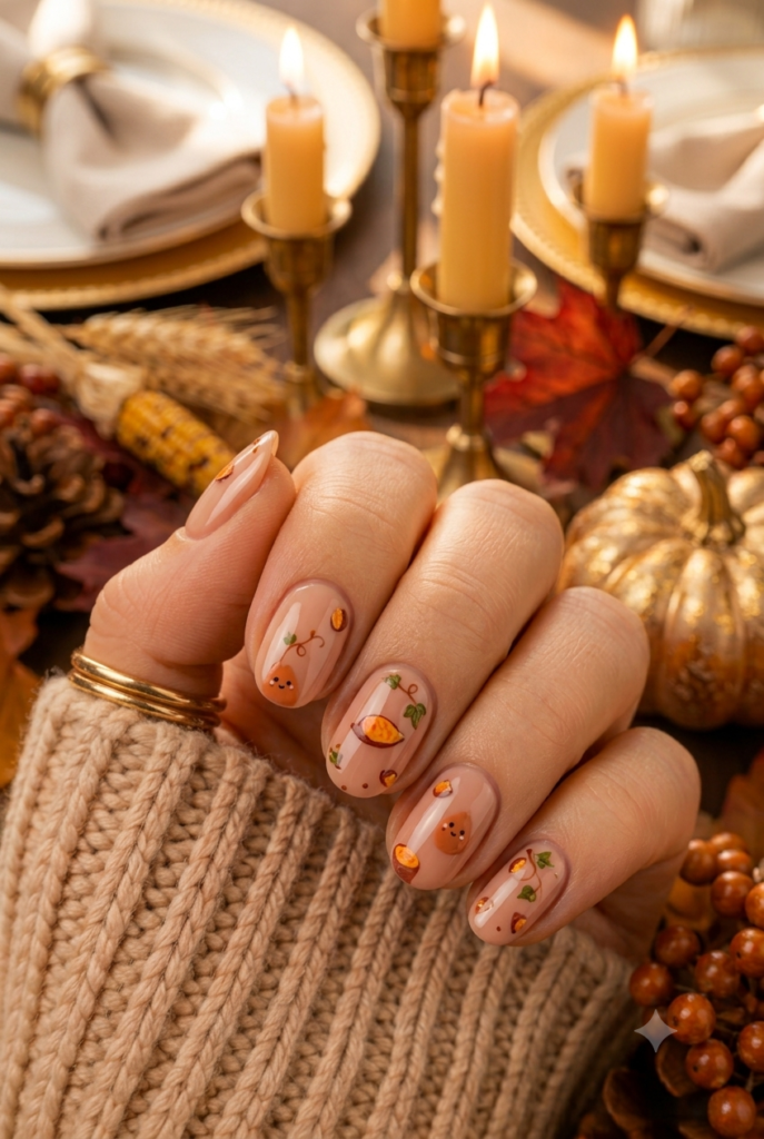 Visual Idea — Short Oval Nails Have A Sheer Nude Base — Thanksgiving Nails 2026