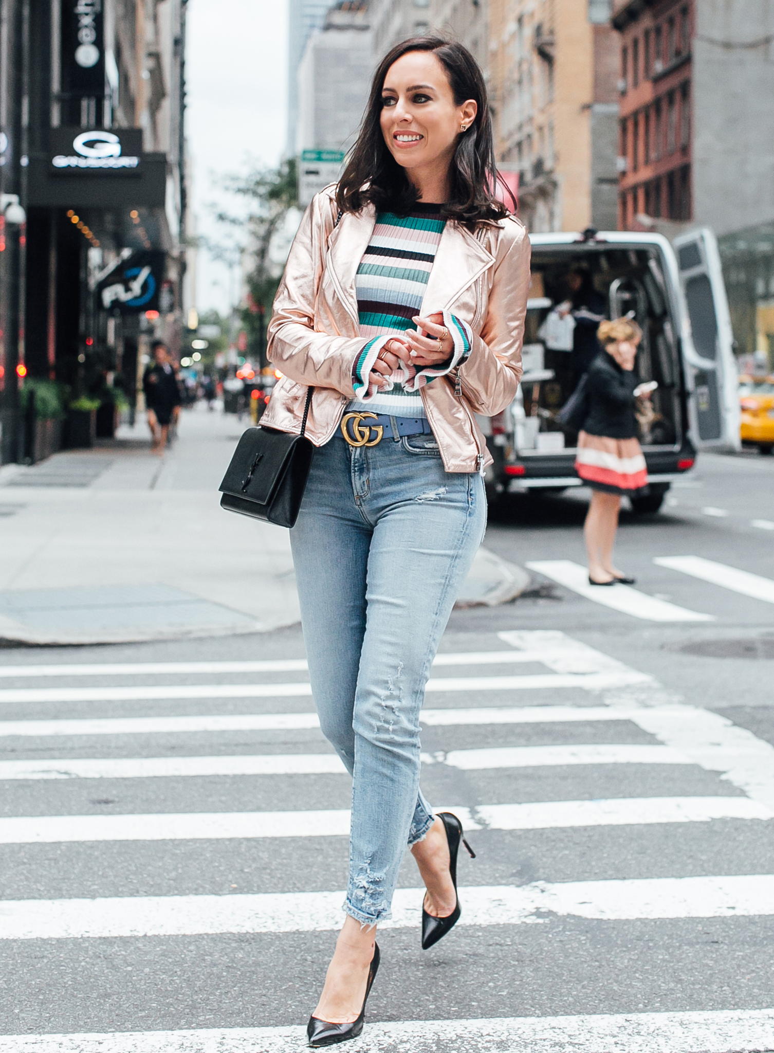 Daytime Polish: Rose Gold Jacket over Stripes and Denim — Metallic Outfits 2027