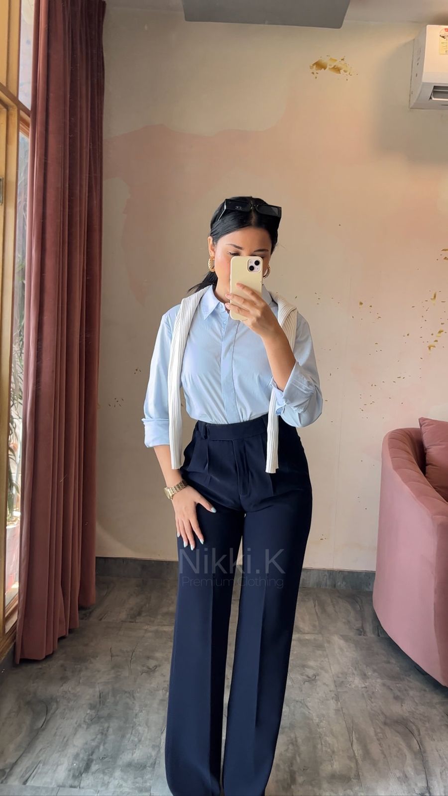 Crepe Trousers Cotton Shirt Knit Sweater Outfit Idea Crepe Trousers Cotton Shirt Knit Sweater Outfit Idea — Navy Blue Pleated Pants Outfits 2027