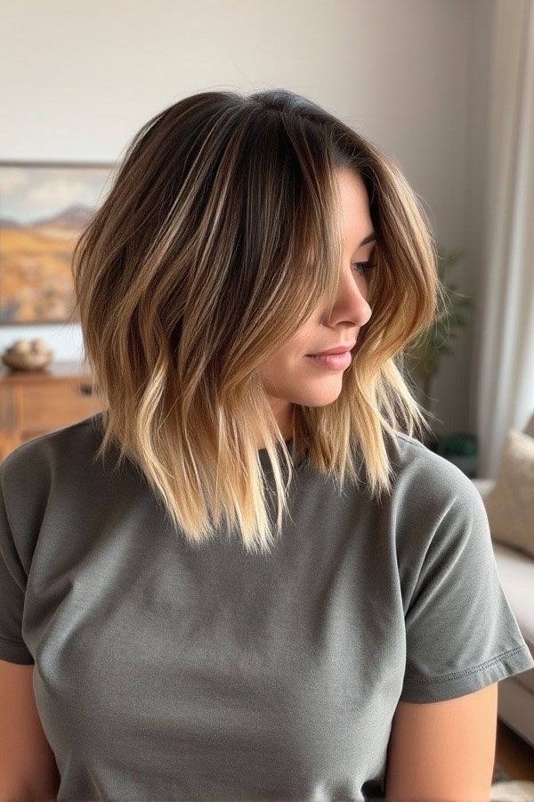 Collarbone Wavy Lob With Dark Blonde Balayage & Curtain Bangs — Balayage Lob 2027