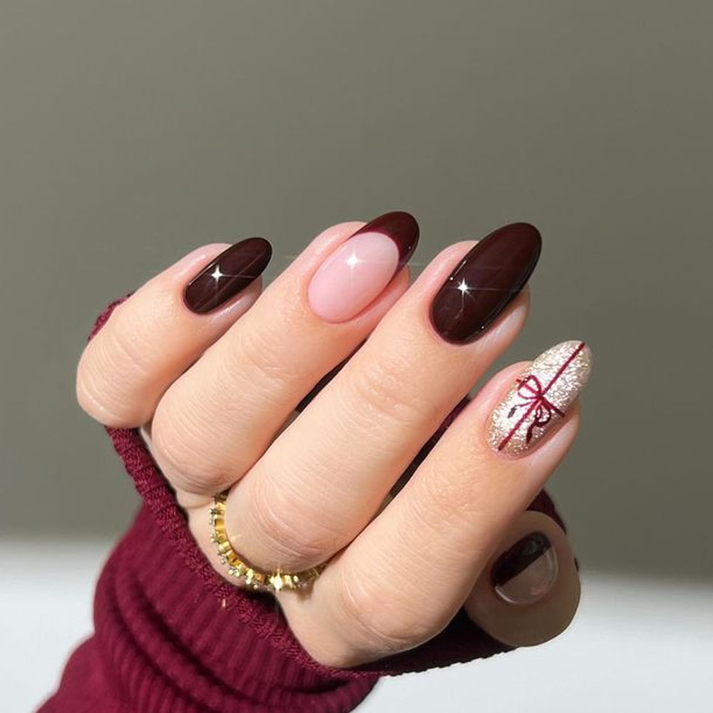 Deep Brown and Pink with Red Bow Accent Deep Brown and Pink with Red Bow Accent — New Years Eve Nails 2027