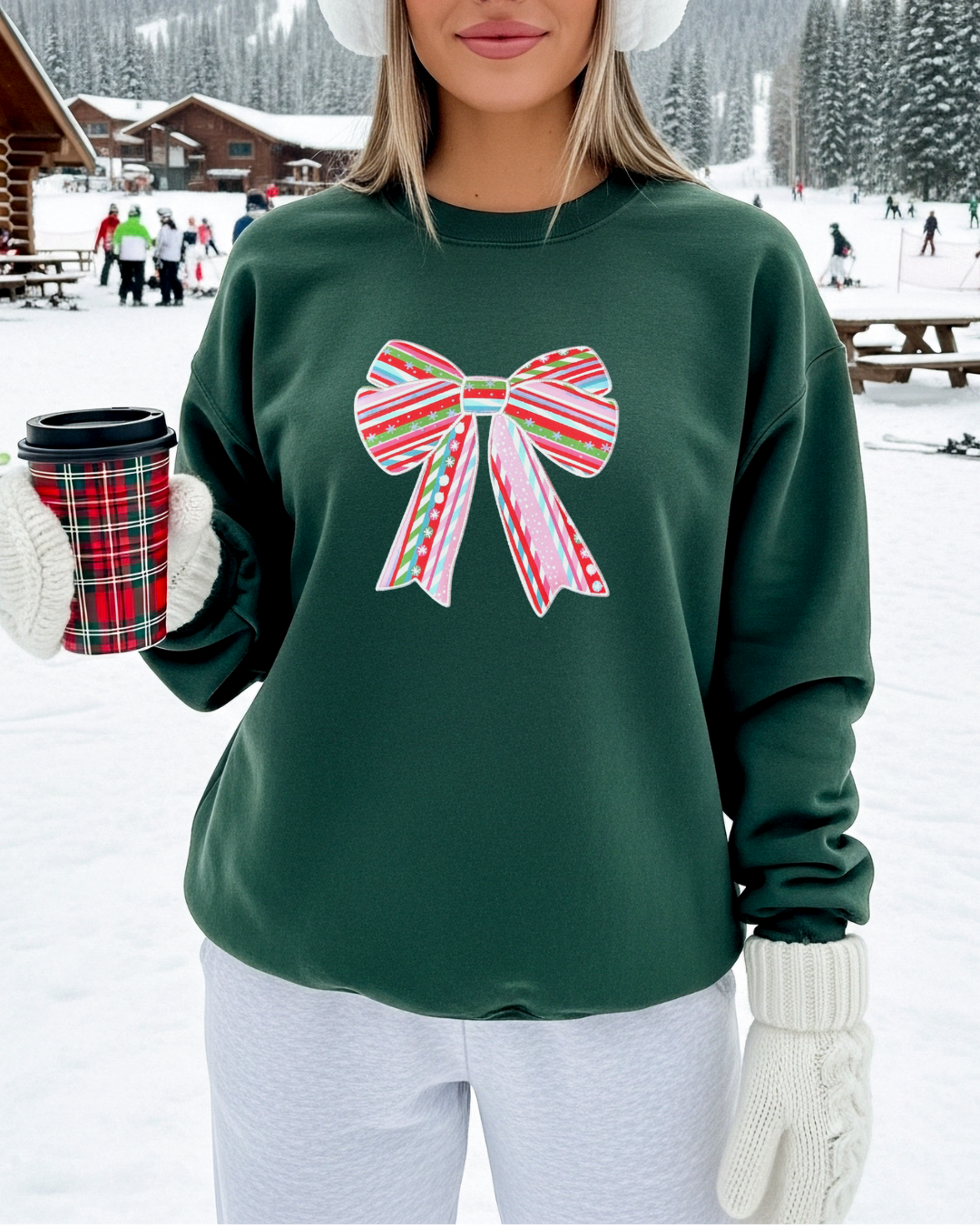 Dark Green Sweatshirt with Festive Bow Graphic — Green Christmas Outfits 2026