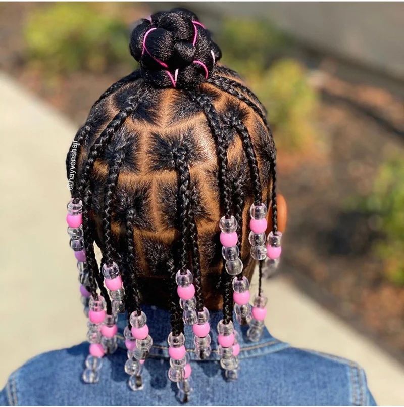 Braids Updo with Pink Bead Accents — Knotless Braids 2027 for Little Girls