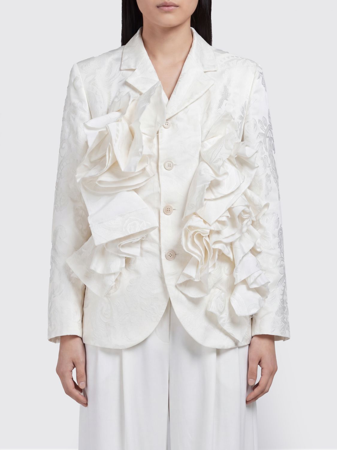 White Jacquard Blazer with Ruffle Detail and Trousers White Jacquard Blazer with Ruffle Detail and Trousers — Cropped Blazer Outfits 2027
