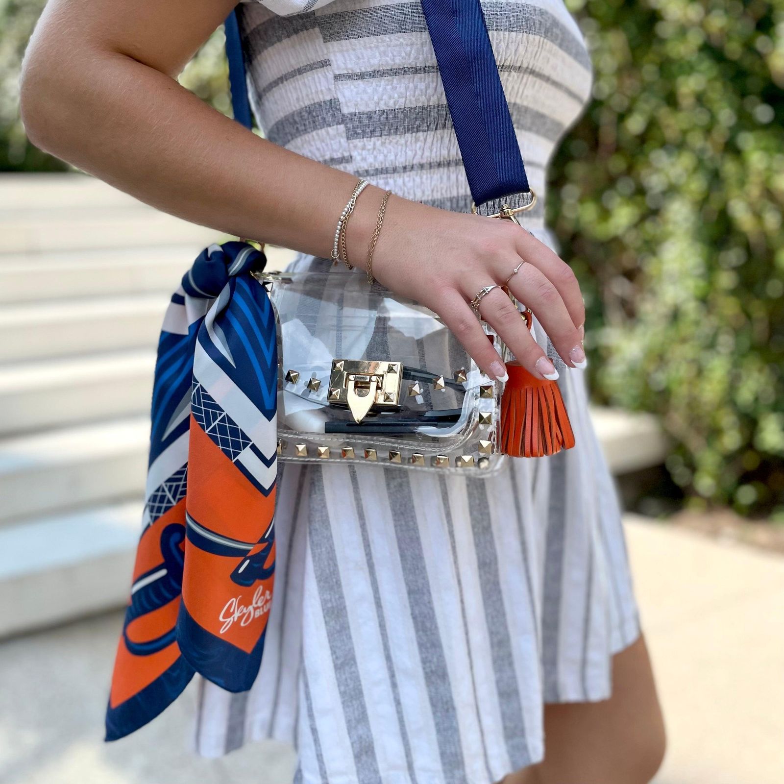 Casual Striped Dress with a Studded Clear Crossbody Bag and Scarf — Clear Bag Outfits 2027