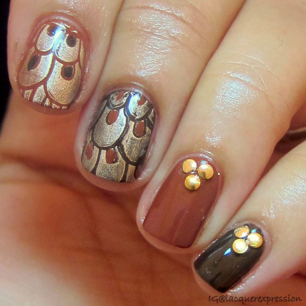 Glossy Brown with Metallic Feathers and Studs — Simple Thanksgiving Nails 2026