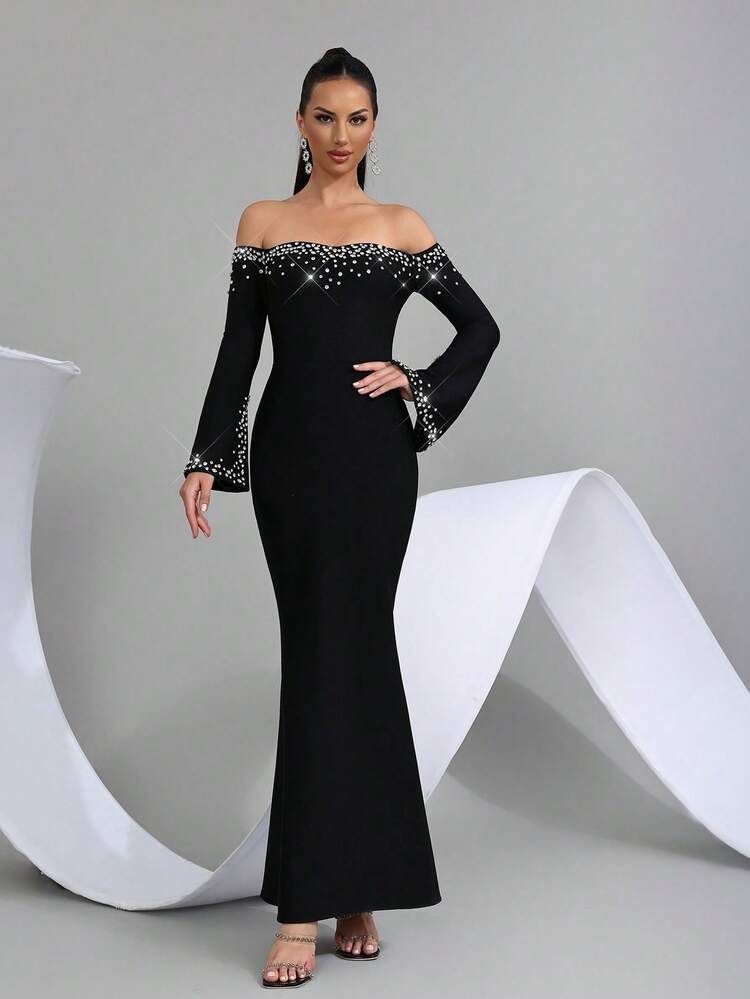 Black One-Shoulder Mermaid Maxi Dress with Rhinestone Accents Black One-Shoulder Mermaid Maxi Dress with Rhinestone Accents — Mermaid Gala Dress 2027