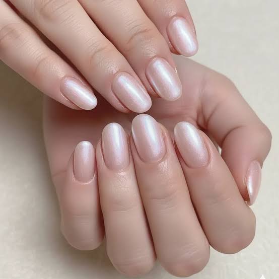 Pale Pink Iridescent Shimmer Nails — White Wedding Nails 2027