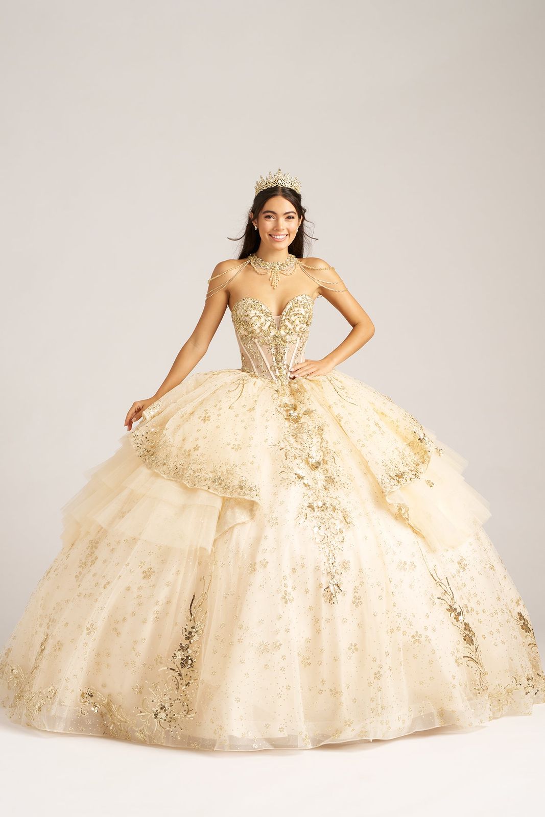 Not Visible Off-the-Shoulder Champagne Ballgown with Ornate Gold Embellishments — Champagne Quinceanera Dress 2027