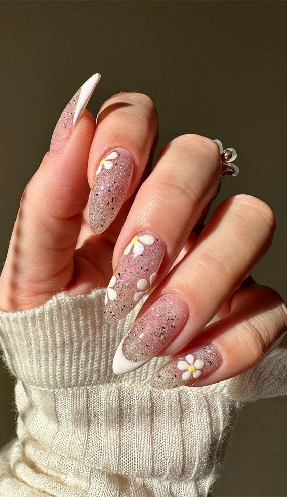Glitter Pink French Floral Coffin Nails Glitter Pink French Floral Coffin Nails — Long Floral Nails 2027