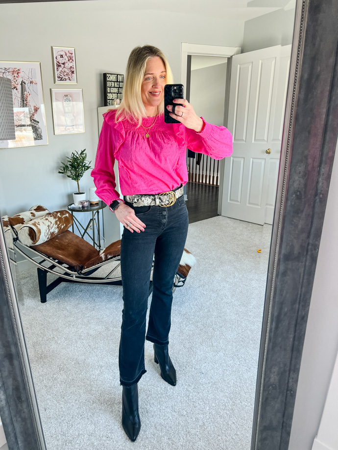 Bright Pink Ruffled Blouse with Dark Wash Jeans — Pink Valentines Outfits 2027